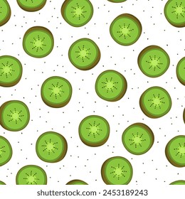 Seamless pattern with kiwi and leaves on a white background.