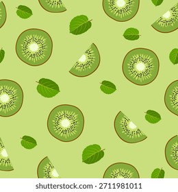 Patrón sin fisuras de hojas de kiwi, rebanadas en un corte en un Vector de fondo verde suave y cálido pastel