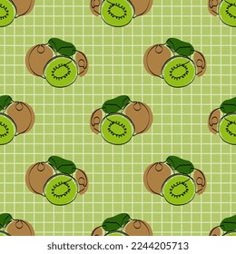 Seamless pattern with kiwi on green background. Continuous one line drawing kiwi. Black line art on green  background with colorful spots. Vegan concept