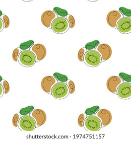 Seamless pattern with kiwi on white background. Continuous one line drawing kiwi. Black line art on white background with colorful spots. Vegan concept