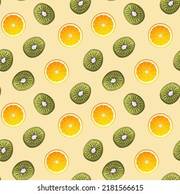 Seamless pattern with kiwi and orange pieces. Healthy eating, nutrition, natural food, breakfast, cooking concept.