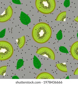 Seamless pattern of kiwi pieces and leaves on a gray background. A natural pattern.
