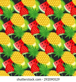 Seamless pattern with kiwi, pineapples and juicy strawberries on black background. Cute vector background. Bright summer fruits illustration. Fruit mix card.