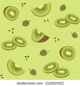 Seamless pattern with kiwi, seeds and leaves on a light green background. Vector illustration in flat style.