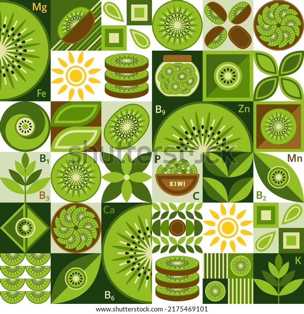 Seamless pattern with kiwi, simple geometric\
shapes. Leaves, seeds, kiwi slices. Simple minimal style. Good for\
branding, decoration of food package, cover design, decorative home\
kitchen prints