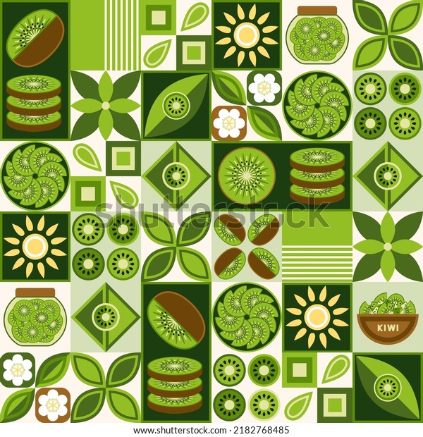 Seamless pattern with kiwi, simple geometric\
shapes. Leaves, seeds, kiwi slices. Simple minimal style. Good for\
branding, decoration of food package, cover design, decorative home\
kitchen prints