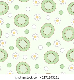 Motif harmonieux de tranches de kiwi, fleurs et points en style kawaii sur fond vert clair.