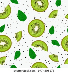 Seamless pattern of kiwi slices and leaves on a white background. A natural pattern.