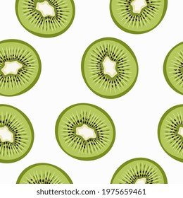 Seamless pattern of kiwi slices and leaves on a white background. A natural pattern.