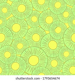 Seamless pattern of kiwi slices pink on a yellow background in a sketch style. Abstract