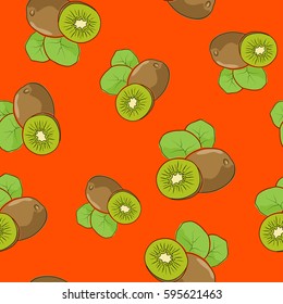 Seamless Pattern of Kiwifruit , Fruit Kiwi on Orange Background, Vector Illustration 