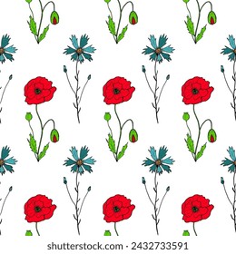 Seamless pattern of Knapweed, Centaurea and Poppy flower with stems and leaves. Colorful plants on white background in engraving vintage style. Botanical hand drawn illustration