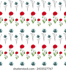 Seamless pattern of Knapweed, Centaurea and Poppy flower with stems and leaves. Colorful plants on white background in engraving vintage style. Botanical hand drawn illustration