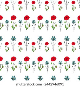 Seamless pattern of Knapweed, Centaurea and Poppy flower with stems and leaves. Colorful plants on white background in engraving vintage style. Botanical hand drawn illustration