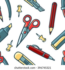 Seamless pattern  with knife, scissors, compasses, pencil, pen, highlighter, ruler, eraser.