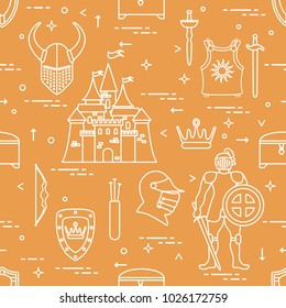 Seamless pattern with knight, castle, shields, swords, cuirass, helmet, crown, treasure chest, bow, quiver of arrows. Design for banner or print.