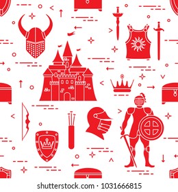 Seamless pattern with knight, castle, shields, swords, cuirass, helmet, crown, treasure chest, bow, quiver of arrows. Design for banner or print.