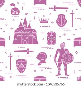 Seamless pattern with knight, castle, shields, swords, cuirass, helmet, crown, treasure chest. Design for banner or print.