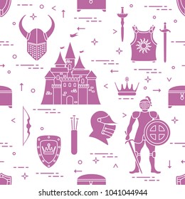 Seamless pattern with knight, castle, shields, swords, cuirass, helmet, crown, treasure chest, bow, quiver of arrows. Design for banner or print.