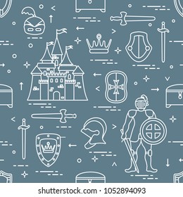 Seamless pattern with knight, castle, shields, swords, cuirass, helmet, crown, treasure chest. Design for banner or print.