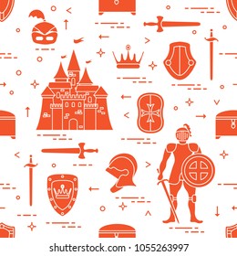 Seamless pattern with knight, castle, shields, swords, cuirass, helmet, crown, treasure chest. Design for banner or print.
