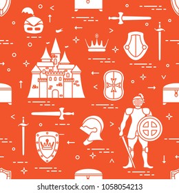 Seamless pattern with knight, castle, shields, swords, cuirass, helmet, crown, treasure chest. Design for banner or print.