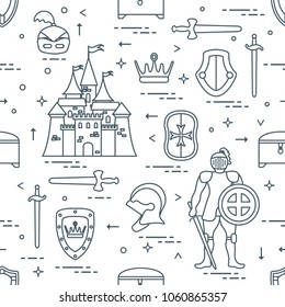 Seamless pattern with knight, castle, shields, swords, cuirass, helmet, crown, treasure chest. Design for banner or print.