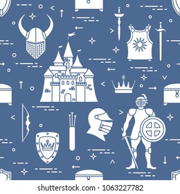 Seamless pattern with knight, castle, shields, swords, cuirass, helmet, crown, treasure chest, bow, quiver of arrows. Design for banner or print.