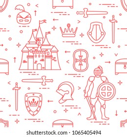 Seamless pattern with knight, castle, shields, swords, cuirass, helmet, crown, treasure chest. Design for banner or print.