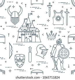Seamless pattern with knight, castle, shields, swords, cuirass, helmet, crown, treasure chest, bow, quiver of arrows. Design for banner or print.