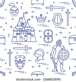 Seamless pattern with knight, castle, shields, swords, cuirass, helmet, crown, treasure chest. Design for banner or print.