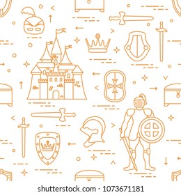 Seamless pattern with knight, castle, shields, swords, cuirass, helmet, crown, treasure chest. Design for banner or print.