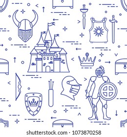 Seamless pattern with knight, castle, shields, swords, cuirass, helmet, crown, treasure chest, bow, quiver of arrows. Design for banner or print.
