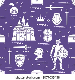 Seamless pattern with knight, castle, shields, swords, cuirass, helmet, crown, treasure chest. Design for banner or print.