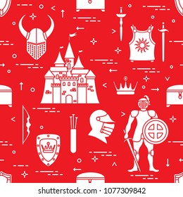 Seamless pattern with knight, castle, shields, swords, cuirass, helmet, crown, treasure chest, bow, quiver of arrows. Design for banner or print.