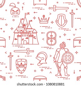 Seamless pattern with knight, castle, shields, swords, cuirass, helmet, crown, treasure chest. Design for banner or print.