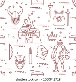 Seamless pattern with knight, castle, shields, swords, cuirass, helmet, crown, treasure chest, bow, quiver of arrows. Design for banner or print.