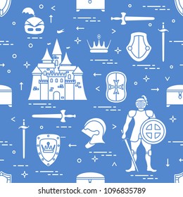 Seamless pattern with knight, castle, shields, swords, cuirass, helmet, crown, treasure chest. Design for banner or print.