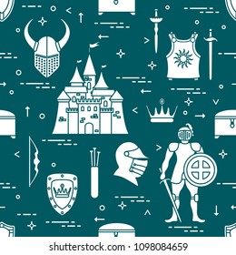 Seamless pattern with knight, castle, shields, swords, cuirass, helmet, crown, treasure chest, bow, quiver of arrows. Design for banner or print.