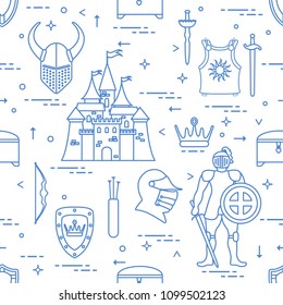 Seamless pattern with knight, castle, shields, swords, cuirass, helmet, crown, treasure chest, bow, quiver of arrows. Design for banner or print.