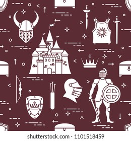 Seamless pattern with knight, castle, shields, swords, cuirass, helmet, crown, treasure chest, bow, quiver of arrows. Design for banner or print.