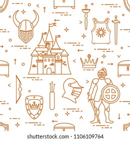 Seamless pattern with knight, castle, shields, swords, cuirass, helmet, crown, treasure chest, bow, quiver of arrows. Design for banner or print.