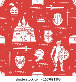 Seamless pattern with knight, castle, shields, swords, cuirass, helmet, crown, treasure chest. Design for banner or print.
