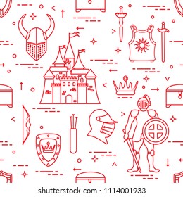 Seamless pattern with knight, castle, shields, swords, cuirass, helmet, crown, treasure chest, bow, quiver of arrows. Design for banner or print.