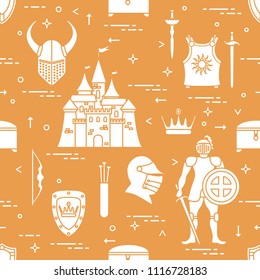 Seamless pattern with knight, castle, shields, swords, cuirass, helmet, crown, treasure chest, bow, quiver of arrows. Design for banner or print.