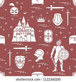 Seamless pattern with knight, castle, shields, swords, cuirass, helmet, crown, treasure chest. Design for banner or print.