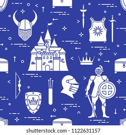 Seamless pattern with knight, castle, shields, swords, cuirass, helmet, crown, treasure chest, bow, quiver of arrows. Design for banner or print.