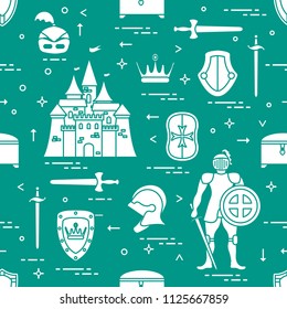 Seamless pattern with knight, castle, shields, swords, cuirass, helmet, crown, treasure chest. Design for banner or print.