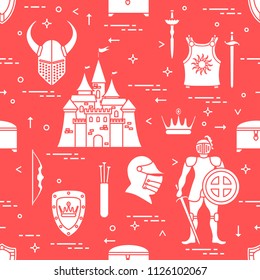 Seamless pattern with knight, castle, shields, swords, cuirass, helmet, crown, treasure chest, bow, quiver of arrows. Design for banner or print.
