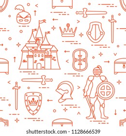 Seamless pattern with knight, castle, shields, swords, cuirass, helmet, crown, treasure chest. Design for banner or print.